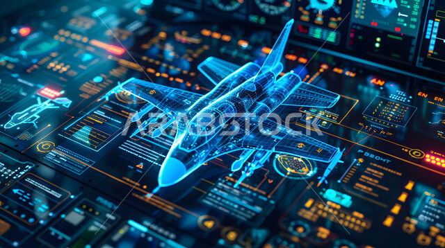 The use of artificial intelligence science and technology in engineering factories, a three-dimensional model of an aircraft using hologram technology, Saudi Vision 2030, Saudi Arabian airline companies, achieving the industrial revolution, a close-up of an engineer’s hand working on maintaining and building modern jet aircraft.