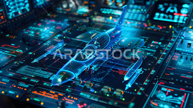 مفهوم هندسة الطيران, الشركات الجوية العربية السعودية، رؤية سعودية 2030، استخدام علوم وتكنولوجيا الذكاء الاصطناعي في المصانع الهندسية، تحقيق الثورة الصناعية، مجسم ثلاثي الأبعاد لطائرة بتقنية الهولوجرام، صيانة وإنشاء الطائرات النفاثة الحديثة