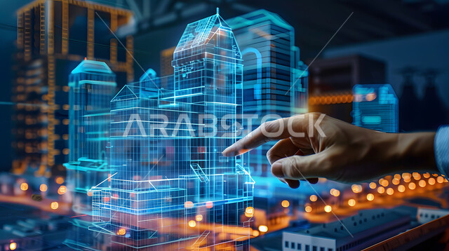 The use of artificial intelligence science and technology in engineering, Saudi Arabian engineering companies, Saudi Vision 2030, achieving the industrial revolution, a three-dimensional model of a building using hologram technology, a close-up of the hand of a Saudi Gulf Arab engineer working on a building plan