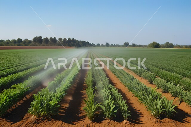 انظمة الري الحديثة والمتطورة، حقول وأراضي زراعية واسعة، مزارع المملكة العربية السعودية، منتجات ومحاصيل محلية وطنية، الاهتمام بزراعة الاشجار والنباتات الخضراء