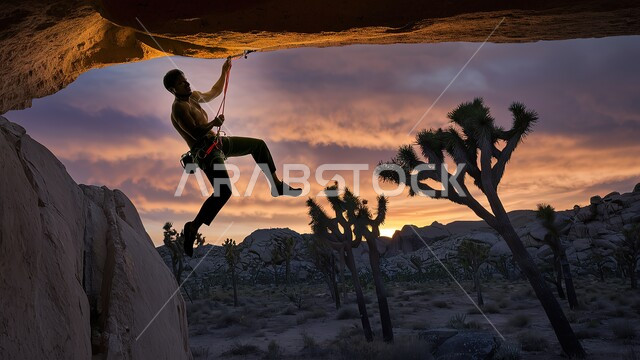 Mountain peaks and heights, practicing hiking, a silhouette of a Saudi Gulf Arab man climbing a mountain in the desert, a view of the natural mountains in the Kingdom of Saudi Arabia at sunset, tourist places in Saudi Arabia, youth recreational physical activities.