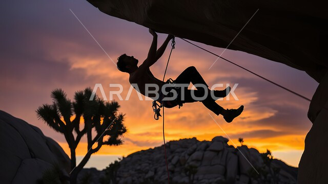 Practicing hiking, a silhouette of a Saudi Gulf Arab man climbing a mountain in the desert, the natural view of the mountains in the Kingdom of Saudi Arabia at sunset, mountain peaks and heights, tourist places in Saudi Arabia, youth recreational physical activities