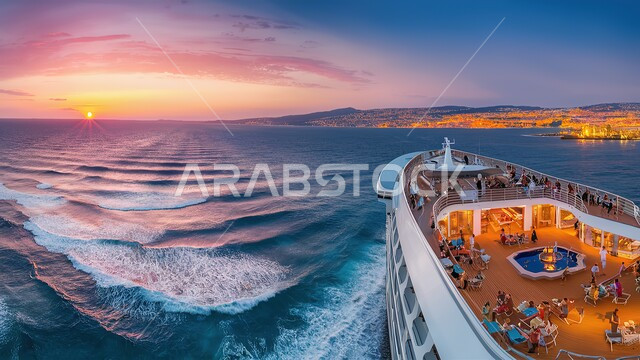 سفينة سياحية في وسط البحر، منظر السماء في وقت غروب الشمس، أماكن جذب واستقطاب السائحين، الواجهة البحرية في مدينة جدة، أنشطة عائلية ترفيهية