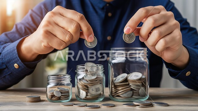 الاستثمار والفوائد العائدة، توفير وادخار الأموال وتمويل الأعمال، مفهوم النمو الاقتصادي والأرباح المالية والاستدامة، صورة مقربة ليد رجل عربي خليجي سعودي يقوم بوضع العملات المعدنية بداخل عبوة زجاجية