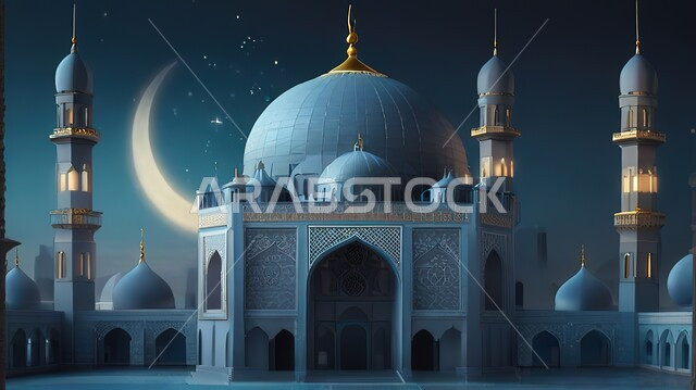 الفن الهندسي المعماري لبناء المساجد على الطراز الاسلامي، العبادة والتقرب إلى الله، أماكن اسلامية دينية مقدسة، رسوم توضيحية لمسجد في الليل