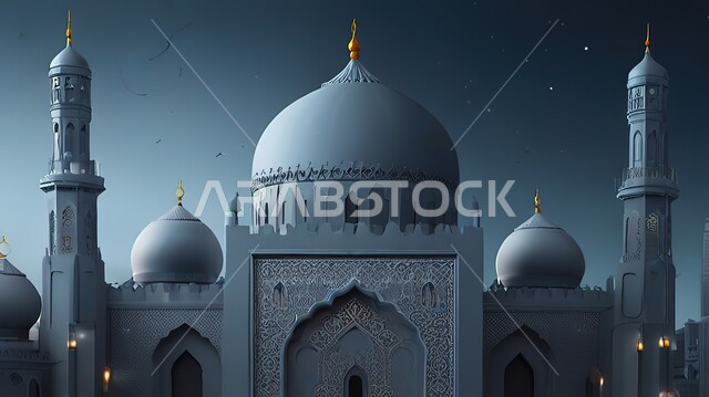 رسوم توضيحية لمسجد في الليل، أماكن اسلامية دينية مقدسة، العبادة والتقرب إلى الله، الفن الهندسي المعماري لبناء المساجد على الطراز الاسلامي