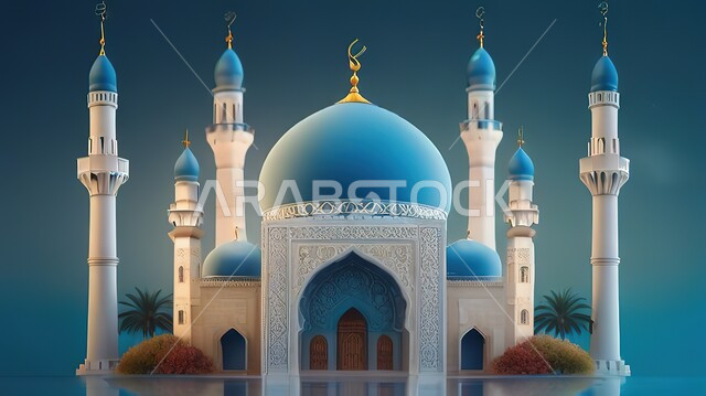 العبادة والتقرب إلى الله، الفن الهندسي المعماري لبناء المساجد على الطراز الاسلامي، أماكن اسلامية دينية مقدسة، رسوم توضيحية لمسجد في الليل