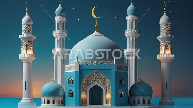 الفن الهندسي المعماري لبناء المساجد على الطراز الاسلامي، العبادة والتقرب إلى الله، أماكن اسلامية دينية مقدسة، رسوم توضيحية لمسجد في الليل