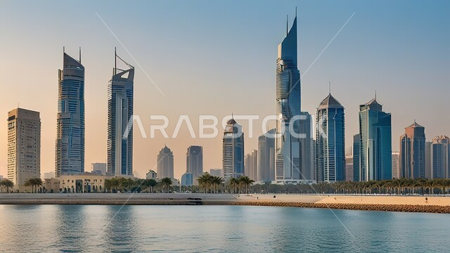 Architectural engineering art for buildings and facilities overlooking the sea, growth, progress and urban expansion, view of towers and skyscrapers in the United Arab Emirates, tourist attractions of the Emirate of Dubai, waterfront on the coast of the Arabian Gulf