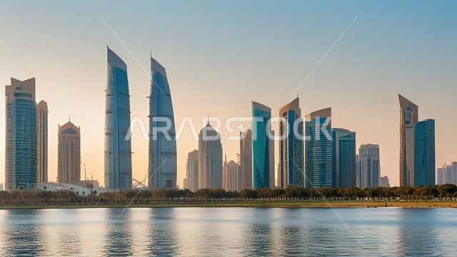  معالم إمارة دبي السياحية، الواجهة البحرية على ساحل الخليج العربي، منظر الأبراج وناطحات السحاب في دولة الإمارات العربية المتحدة، النمو والتقدم والتوسع العمراني، الفن الهندسي المعماري للمباني والمنشآت المطلة على البحر