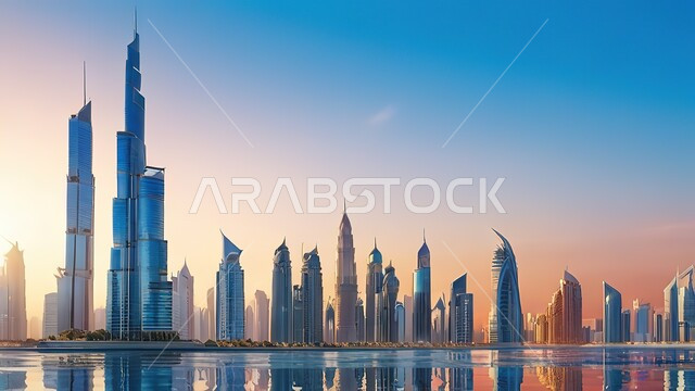 الفن الهندسي المعماري للمباني والمنشآت المطلة على البحر، معالم إمارة دبي السياحية، الواجهة البحرية على ساحل الخليج العربي،  منظر الأبراج وناطحات السحاب في دولة الإمارات العربية المتحدة، النمو والتقدم والتوسع العمراني