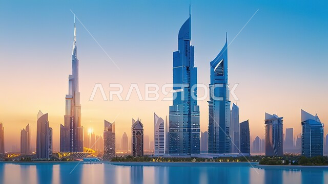 معالم إمارة دبي السياحية، الواجهة البحرية على ساحل الخليج العربي، منظر الأبراج وناطحات السحاب في دولة الإمارات العربية المتحدة، النمو والتقدم والتوسع العمراني، الفن الهندسي المعماري للمباني والمنشآت المطلة على البحر