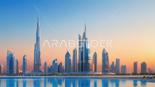 View of the towers and skyscrapers in the United Arab Emirates, growth, progress and urban expansion, architectural engineering art for buildings and facilities overlooking the sea, tourist attractions of the Emirate of Dubai, the waterfront on the coast of the Arabian Gulf