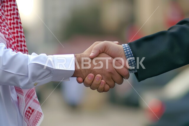 Friendships, acquaintance, and building social relationships, partnership in business and projects, concluding new successful business deals between businessmen, a close-up of the hands of two Saudi men shaking hands with each other, expanding work fields.