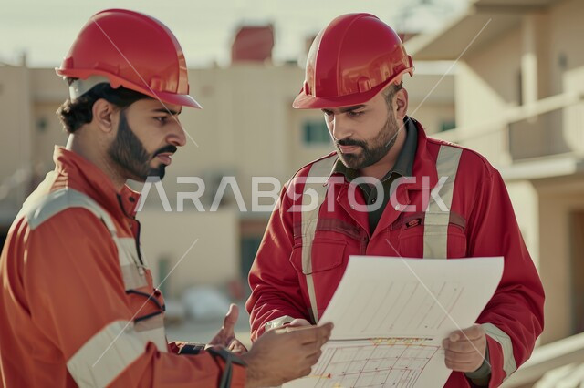 الاشراف على سير خطة المشروع، مفهوم الهندسة والانشاءات المعمارية، تجهيز خطط استراتيجية، مهن ووظائف هندسية، مهندسين عربيين خليجيين سعوديين يرتديان خوذة الوقاية الخاصة بالعمل يحملان مخطط البناء