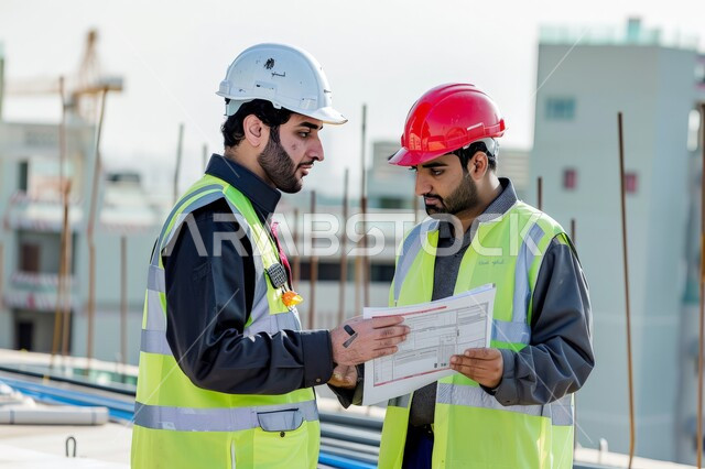 مفهوم الهندسة والانشاءات المعمارية، تجهيز خطط استراتيجية، مهن ووظائف هندسية، مهندسين عربيين خليجيين سعوديين يرتديان سترة الوقاية الخاصة بالعمل يحملان مخطط البناء، الاشراف على سير خطة المشروع