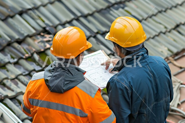 Following up on the project and checking plans, supervising and controlling engineering projects, a vertical overhead photo of two Saudi Gulf Arab engineers wearing protective work jackets holding the building plan, the concept of engineering and architectural construction.