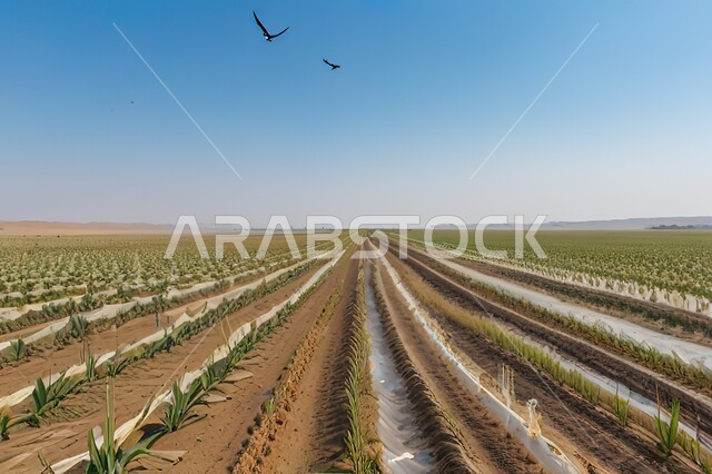 صفوف من نبات الذرة في حقل زراعي، حقول وأراضي زراعية واسعة، مزارع المملكة العربية السعودية، محاصيل ذات قيمة غذائية عالية، جودة المنتجات المحلية الوطنية