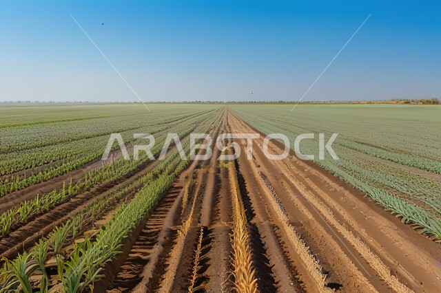 محاصيل ذات قيمة غذائية عالية، جودة المنتجات المحلية الوطنية، صفوف من نبات الذرة في حقل زراعي، حقول وأراضي زراعية واسعة، مزارع المملكة العربية السعودية