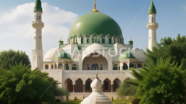أماكن اسلامية دينية مقدسة، الفن الهندسي المعماري لبناء المساجد على الطراز الاسلامي، المناظر الطبيعية في المملكة العربية السعودية، رسوم توضيحية لمسجد محاط بالأشجار والنباتات الخضراء، العبادة والتقرب إلى الله