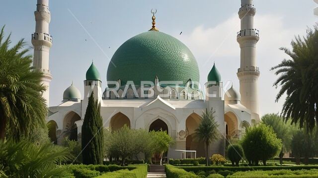 الفن الهندسي المعماري لبناء المساجد على الطراز الاسلامي، المناظر الطبيعية في المملكة العربية السعودية، رسوم توضيحية لمسجد محاط بالأشجار والنباتات الخضراء، العبادة والتقرب إلى الله، أماكن اسلامية دينية مقدسة