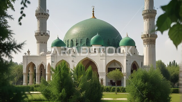 المناظر الطبيعية في المملكة العربية السعودية، رسوم توضيحية لمسجد محاط بالأشجار والنباتات الخضراء، العبادة والتقرب إلى الله، الفن الهندسي المعماري لبناء المساجد على الطراز الاسلامي، أماكن اسلامية دينية مقدسة
