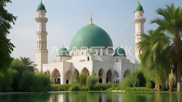رسوم توضيحية لمسجد محاط بالأشجار والنباتات الخضراء، العبادة والتقرب إلى الله، الفن الهندسي المعماري لبناء المساجد على الطراز الاسلامي، أماكن اسلامية دينية مقدسة، المناظر الطبيعية في المملكة العربية السعودية