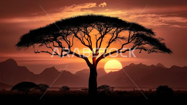 منظر السماء المليئة بالغيوم في وقت غروب الشمس، المناظر الطبيعيه في المملكة العربية السعودية، صورة ظلية للأشجار والنباتات الخضراء، خلفية الطبيعة، سالوليت 