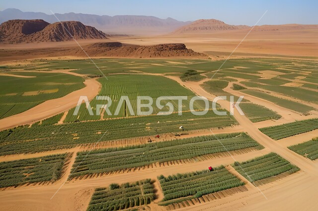 الاهتمام بزراعة الاشجار والنباتات الخضراء، محاصيل ومنتجات محلية وطنية، حقول وأراضي زراعية واسعة في وسط صحراء دبي، صورة جوية لمزارع الامارات العربية المتحدة