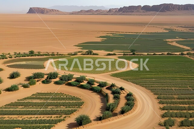 National local crops and products, vast agricultural fields and lands in the middle of the Dubai desert, an aerial photo of the farms of the United Arab Emirates, interest in planting trees and green plants.