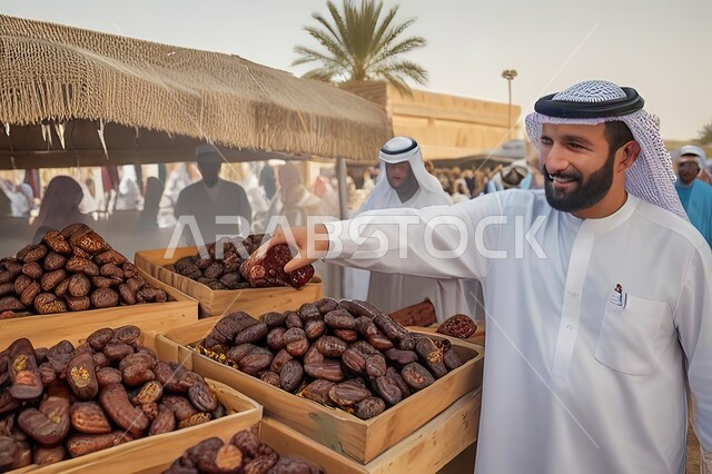 Traditional popular markets selling dates from the palm trees of the Kingdom of Saudi Arabia, a meal with a high nutritional value, cardboard boxes full of fresh healthy dates, a close-up picture of a Saudi Gulf Arab man wearing traditional clothing working in the market, dates, local national agricultural crops and products.