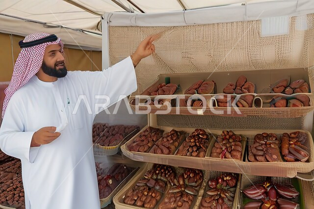 وجبة ذات قيمة غذائية عالية، صناديق كرتونية مليئة بأنواع التمور الصحية الطازجة، صورة مقربة لرجل عربي خليجي سعودي يرتدي الزي التقليدي يعمل في السوق التمر، أسواق شعبية تقليدية لبيع الرطب من نخيل المملكة العربية السعودية، محاصيل ومنتجات زراعية محلية وطنية