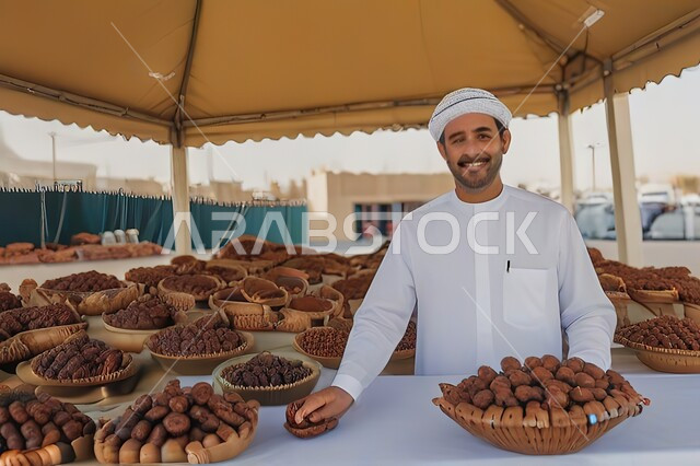 صناديق كرتونية مليئة بأنواع التمور الصحية الطازجة، وجبة ذات قيمة غذائية عالية، صورة مقربة لرجل عربي خليجي سعودي يرتدي الزي التقليدي يعمل في السوق التمر، أسواق شعبية تقليدية لبيع الرطب من نخيل المملكة العربية السعودية، محاصيل ومنتجات زراعية محلية وطنية