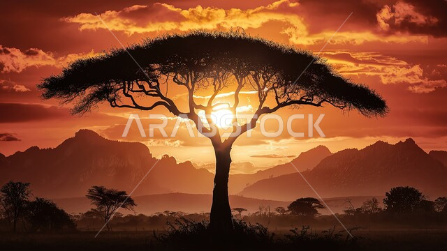 المناظر الطبيعيه في المملكة العربية السعودية، منظر السماء المليئة بالغيوم في وقت غروب الشمس، صورة ظلية للأشجار والنباتات الخضراء، خلفية الطبيعة، سالوليت 