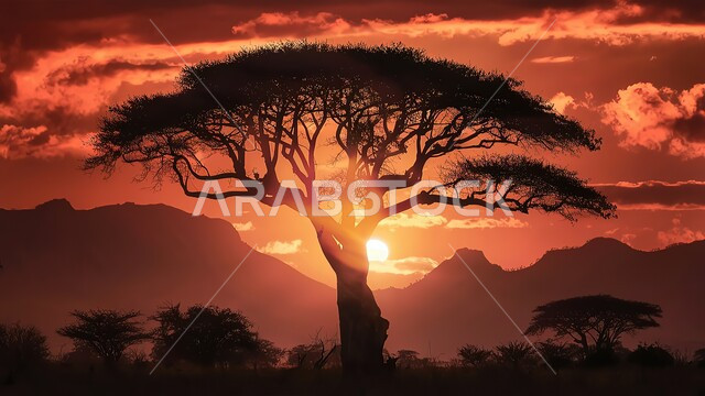 منظر السماء المليئة بالغيوم في وقت غروب الشمس، المناظر الطبيعيه في المملكة العربية السعودية، صورة ظلية للأشجار والنباتات الخضراء، خلفية الطبيعة، سالوليت 