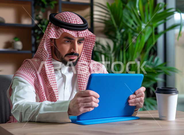 الاهتمام بنبات الزينة الداخلي، الاستمتاع بالعمل في بيئة مريحة، استخدام الأجهزة والتقنيات الحديثة لتسهيل الأعمال، صورة مقربة لموظف عربي خليجي سعودي يرتدي الزي التقليدي يجلس في مكتبه  يحمل بيده التابلت، مهن ووظائف مكتبية