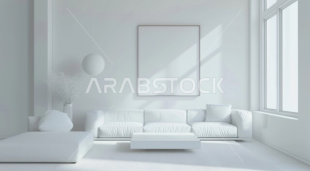 ديكورات الشقق السكنية في المملكة العربية السعودية، تصميم داخلي فاخر لغرفة الجلوس، غرفة معيشة بتصاميم عصرية وأثاث منزلي أبيض راقي