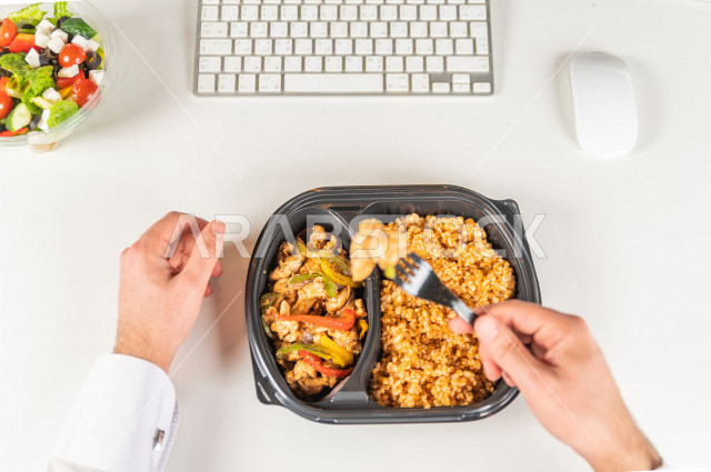 Healthy meals consisting of rice and chicken with fresh salad for a fit and harmonious body, nutritional diet, ideal weight.