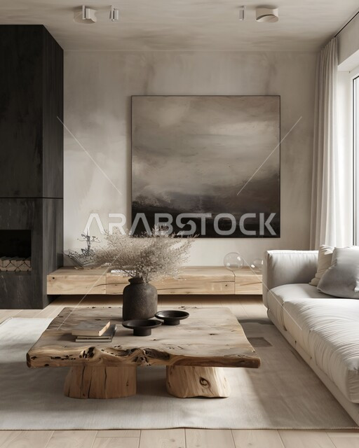  ديكورات الشقق السكنية في المملكة العربية السعودية، تصميم داخلي فاخر لغرفة الجلوس، غرفة معيشة بتصاميم عصرية وأثاث منزلي أبيض راقي مع طاولة خشبية