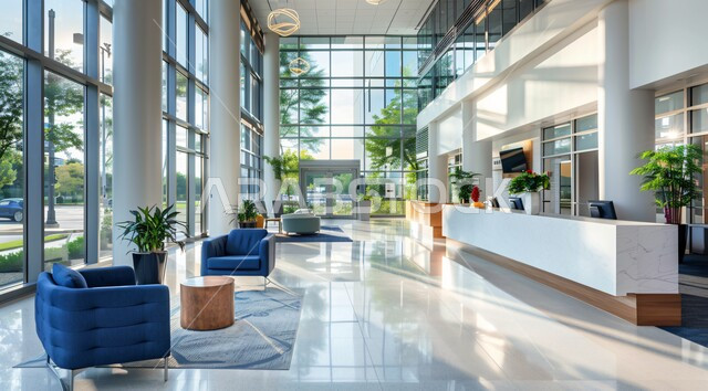  تصاميم عصرية حديثة لمكاتب الشركات السعودية، تصاميم داخلية وديكورات راقية باللون الأزرق والأبيض على الطراز الحديث، واجهات زجاجية كبيرة مطلة على الطبيعة الخضراء، مكاتب عمل بأثاث أنيق ومريح