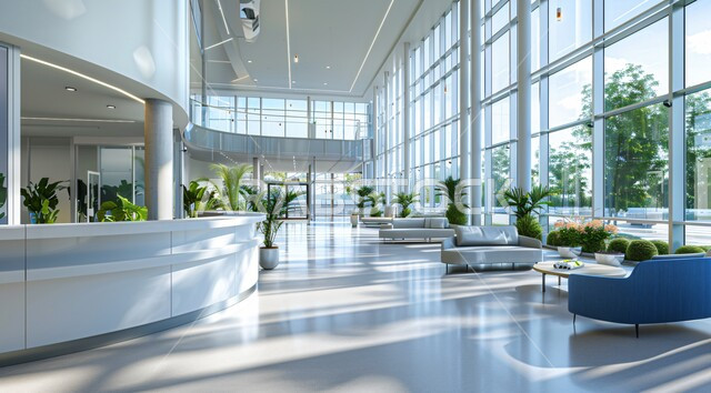 Elegant interior designs and decorations in blue and white in a modern style, large glass facades overlooking the green nature, work offices with elegant and comfortable furniture, modern modern designs for offices of Saudi companies