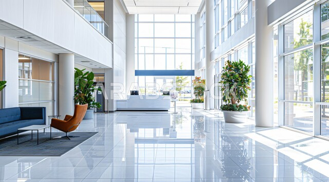  تصاميم عصرية حديثة لمكاتب الشركات السعودية، تصاميم داخلية وديكورات راقية باللون الأزرق والأبيض على الطراز الحديث، واجهات زجاجية كبيرة مطلة على الطبيعة الخضراء، مكاتب عمل بأثاث أنيق ومريح