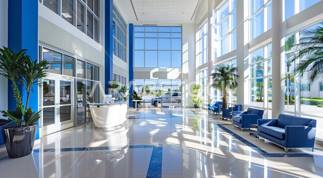  تصاميم عصرية حديثة لمكاتب الشركات السعودية، تصاميم داخلية وديكورات راقية باللون الأزرق والأبيض على الطراز الحديث، واجهات زجاجية كبيرة مطلة على الطبيعة الخضراء، مكاتب عمل بأثاث أنيق ومريح