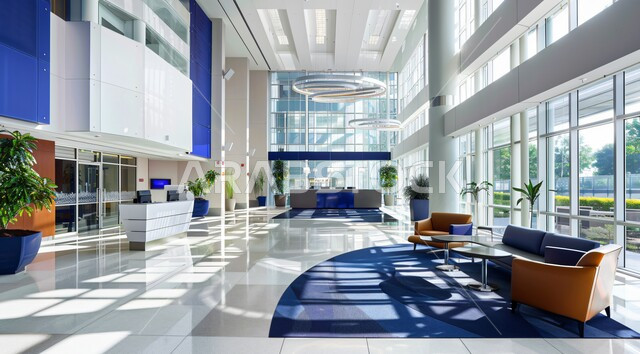 مكاتب عمل بأثاث أنيق ومريح، تصاميم عصرية حديثة لمكاتب الشركات السعودية، تصاميم داخلية وديكورات راقية باللون الأزرق والأبيض على الطراز الحديث، واجهات زجاجية كبيرة مطلة على الطبيعة الخضراء