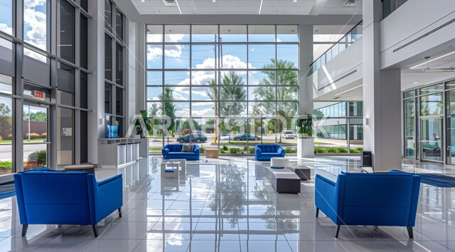 Modern modern designs for Saudi corporate offices, upscale interior designs and decorations in blue and white in modern style, large glass facades overlooking the green nature, work offices with elegant and comfortable furniture.