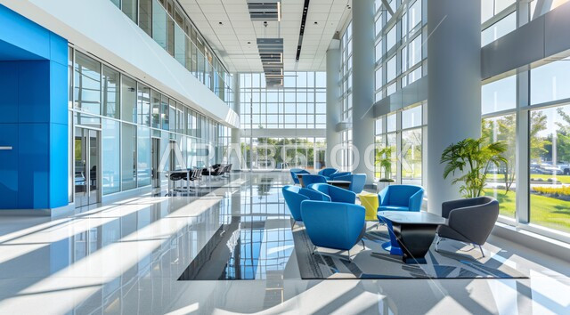 مكاتب عمل بأثاث أنيق ومريح، تصاميم عصرية حديثة لمكاتب الشركات السعودية، تصاميم داخلية وديكورات راقية باللون الأزرق والأبيض على الطراز الحديث، واجهات زجاجية كبيرة مطلة على الطبيعة الخضراء