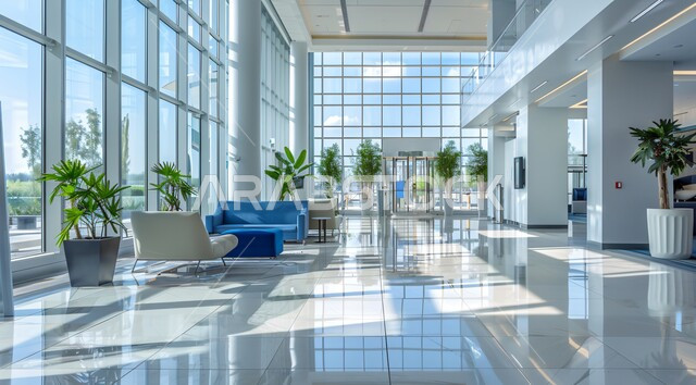 مكاتب عمل بأثاث أنيق ومريح، تصاميم عصرية حديثة لمكاتب الشركات السعودية، تصاميم داخلية وديكورات راقية باللون الأزرق والأبيض على الطراز الحديث، واجهات زجاجية كبيرة مطلة على الطبيعة الخضراء