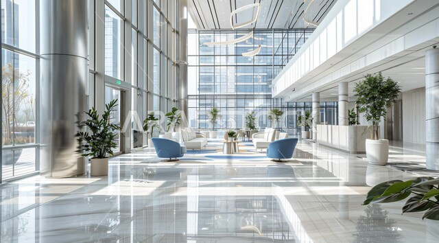  تصاميم داخلية وديكورات راقية باللون الأزرق والأبيض على الطراز الحديث، واجهات زجاجية كبيرة مطلة على الطبيعة الخضراء، مكاتب عمل بأثاث أنيق ومريح، تصاميم عصرية حديثة لمكاتب الشركات السعودية