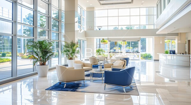 Large glass facades overlooking the green nature, work offices with elegant and comfortable furniture, modern modern designs for Saudi corporate offices, upscale interior designs and decorations in blue and white in modern style.