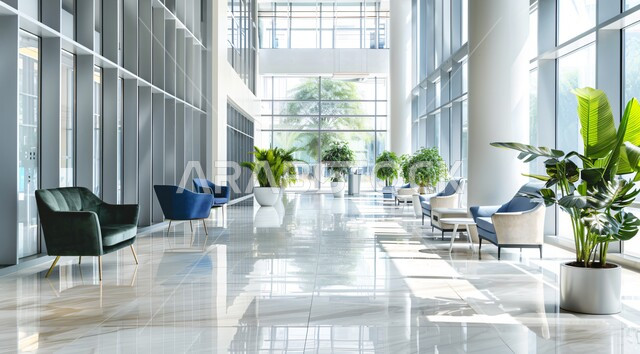 مكاتب عمل بأثاث أنيق ومريح، تصاميم عصرية حديثة لمكاتب الشركات السعودية، تصاميم داخلية وديكورات راقية باللون الأزرق والأبيض على الطراز الحديث، واجهات زجاجية كبيرة مطلة على الطبيعة الخضراء